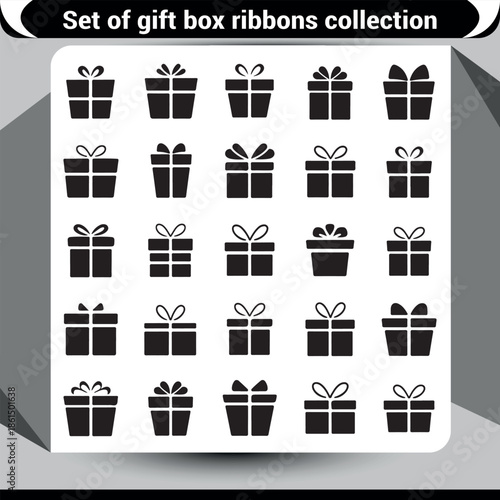 Variety of black silhouette gift box icons showcasing different ribbon and bow designs
