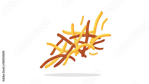 Dynamic illustration of golden and brown food sticks intertwining, a lively abstract culinary composition with a subtle shadow suggesting movement