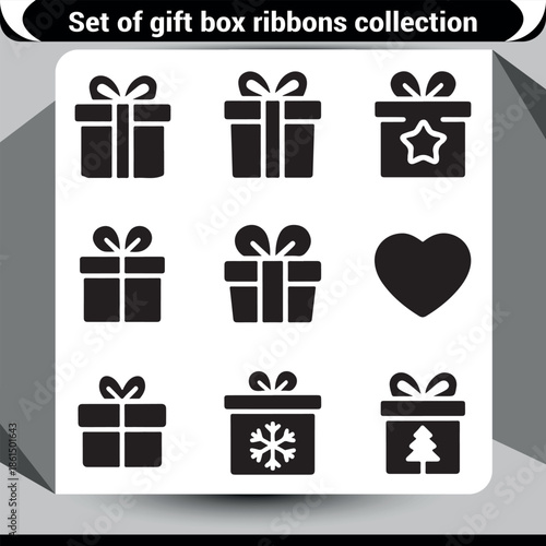 A versatile collection of black silhouette gift box icons for various festive occasions