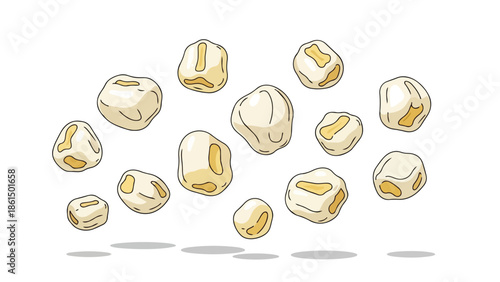 A whimsical graphic featuring several simplified popcorn kernels, white with golden-yellow centers, artfully suspended in motion, casting subtle