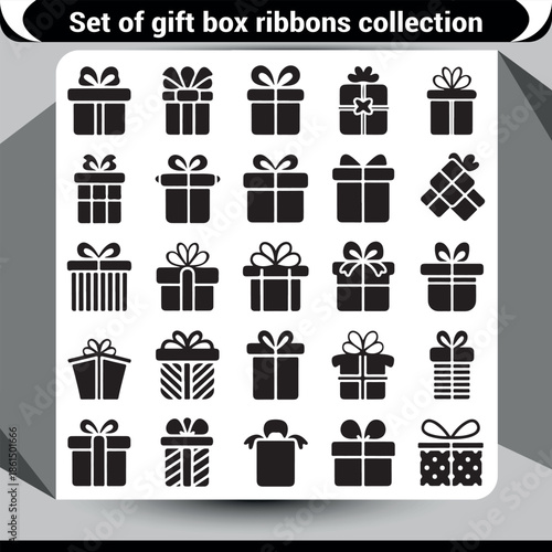 A diverse collection of elegant gift box icons with various ribbon and bow designs