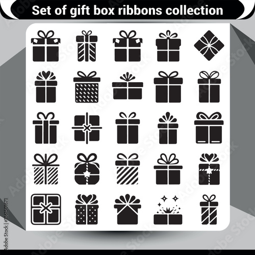 A comprehensive collection of diverse gift box silhouette icons perfect for celebration