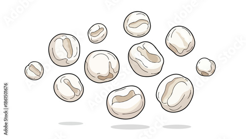 A vibrant collection of delightfully rendered popped corn kernels, light and airy, dispersed across a clean white canvas creating whimsical dynamic