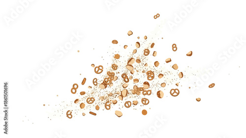 A dynamic arrangement of golden-brown pretzel bits and savory cracker fragments scattering across a clean white backdrop creating an appealing snack