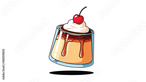 Sweet creamy caramel flan dessert with whipped topping and a bright red cherry