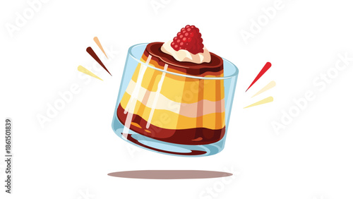 Delicious layered dessert illustration with raspberry and chocolate topping, elegantly presented in a clear glass, visually enticing with creamy
