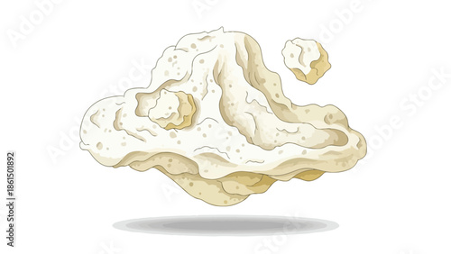 Whimsical abstract organic floating formation, creamy white with intricate textures and speckles, accompanied by a smaller aerial element, casting a
