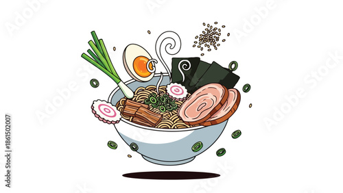 Vibrant illustration of Japanese ramen bowl with noodles, chashu pork, soft egg, green onions, nori, narutomaki, an appetizing visual delight
