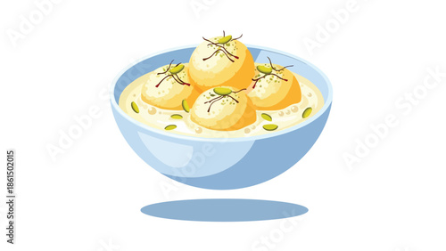 Exquisite bowl of traditional saffron-infused dairy dumplings in sweet creamy sauce garnished with pistachios
