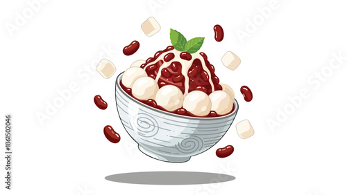 Refreshing Asian dessert bowl featuring sweet red bean paste fluffy rice cakes and creamy drizzle topped with fresh mint leaves and scattered