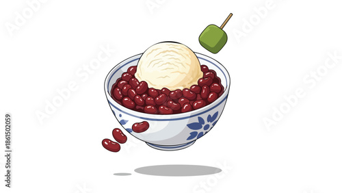 Traditional Japanese red bean dessert with creamy vanilla ice cream and sweet mochi on a white background