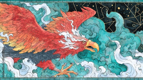   Red-and-yellow bird soaring, clouds, stars in background