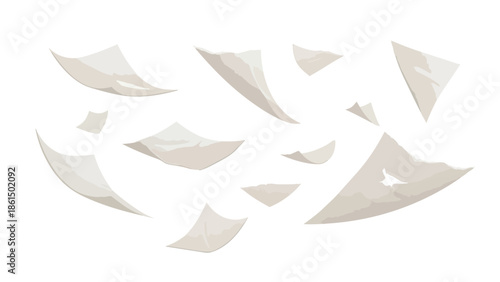 A captivating visual composition of numerous lightweight scattered paper fragments gracefully drifting freely in a serene white void, symbolizing