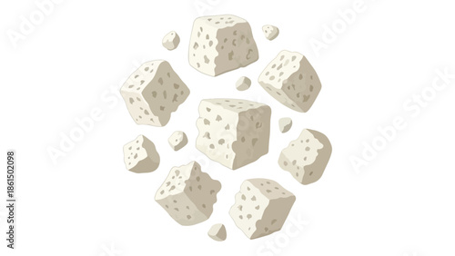 Scattered porous white cubes forming an abstract, dynamic circular pattern on a clean background perfect for culinary, ingredient, or texture