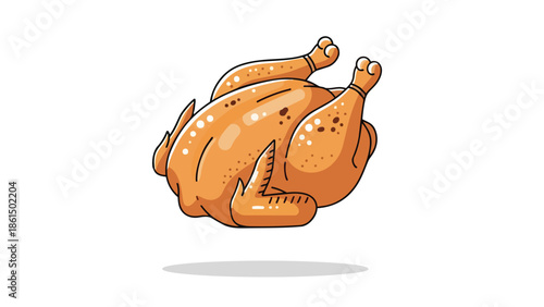A charming cartoon rendition of a golden brown whole roasted chicken, expertly prepared and ready for a festive feast, gently floating on a clean