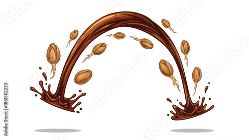 Dynamic coffee splash with aromatic beans suspended in a flowing arc depicting rich roasted flavor and the invigorating essence of morning refreshment