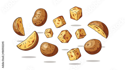 Stylized illustration of potatoes in motion, featuring whole, wedge, and cubed forms. A versatile food graphic for recipes, menus, and healthy
