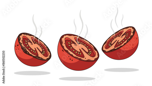 Three freshly seared tomato halves gently steaming, perfect for culinary projects or recipe illustrations