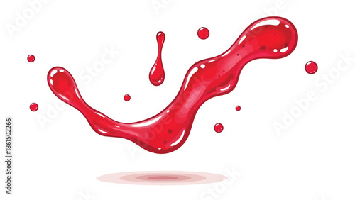 Dynamic crimson fluid burst illustration featuring lively droplets and a shimmering, vibrant red liquid splash creating an energetic visual flow on