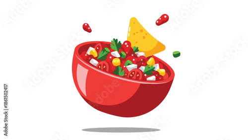 Vibrant cartoon illustration of a fresh salsa bowl with colorful ingredients and a tortilla chip