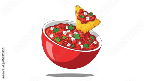 Colorful chunky salsa in a cheerful red ceramic bowl, expertly paired with a crisp golden tortilla chip brimming with garden-fresh ingredients,
