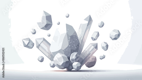 An intricate abstract geometric crystal formation bursting with pristine light grey facets and delicate mineral fragments ascending dynamically
