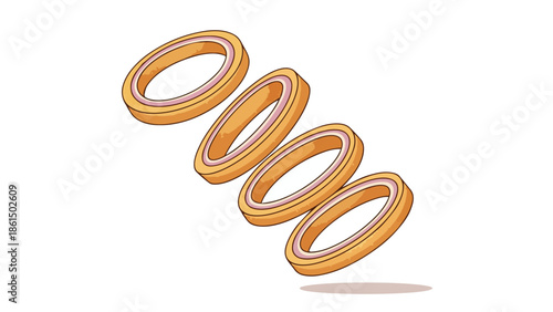 A vibrant illustration of golden-brown onion rings elegantly positioned, showcasing their delightful texture and readiness as a savory, deep-fried