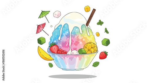 A vividly illustrated majestic rainbow shaved ice, overflowing with colorful sweet syrup, creamy topping, fresh strawberries, golden mango, and