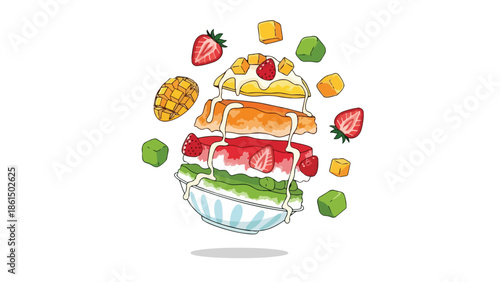 A vibrant explosion of fresh tropical fruits and sweet creamy layers creating a delightful shaved ice dessert, perfect for refreshing summer