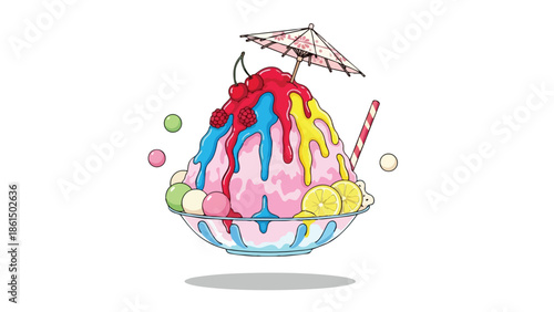 A delightful explosion of vibrant flavors and playful toppings on a classic summer shaved ice dessert illustration