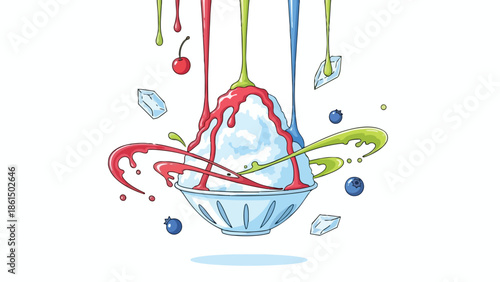 Artistic Summer Shaved Ice Delight with Colorful Syrups and Floating Fruits