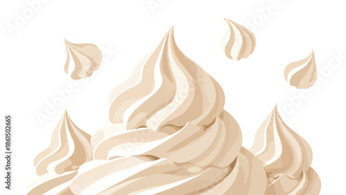 Exquisite swirling caramel dessert topping illustration, airy beige meringue peaks on a pristine white background, elegant culinary graphic art