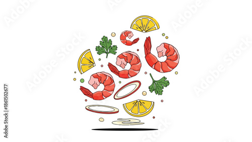 A vibrant culinary graphic displays cooked shrimp, zesty lemon wedges, and fresh parsley leaves, dynamically arranged for elegant seafood