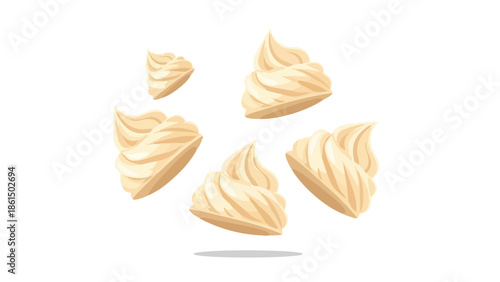 Whimsical cream dessert swirls vector art, evoking airy whipped topping or sweet meringue for culinary designs. A delightful graphic for
