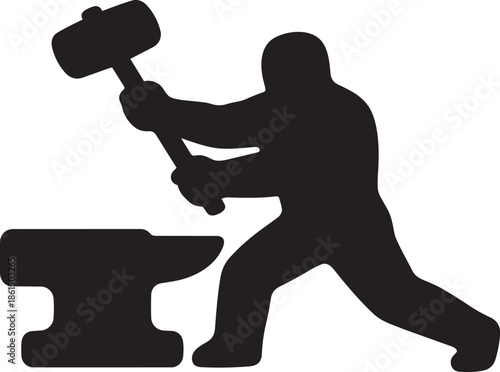 Man with hammer striking metal on anvil silhouette icon