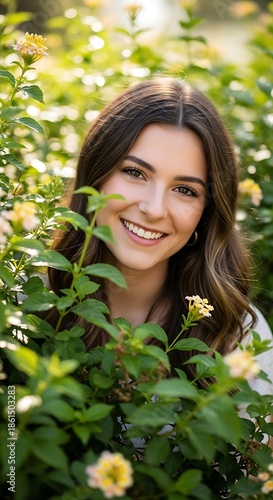 A young woman with long, brown hair smiles radiantly, peeking through vibrant green foliage and delicate yellow flowers. Warm sunlight filters through