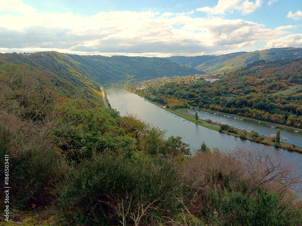 Fototapeta premium Panoramablick über das Moseltal vom Moselsteig & Leiermannspfad bei Starkenburg in Rheinland-Pfalz. Wanderweg mit Aussicht auf die Mosel im Herbst.