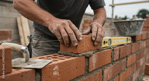 Skilled bricklayer carefully placing a brick on a fresh layer of mortar to build a wall.Concept of traditional masonry and construction craftsmanship.