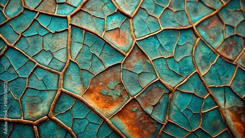 Close up macro view of a cracked textured surface with teal and rust colors