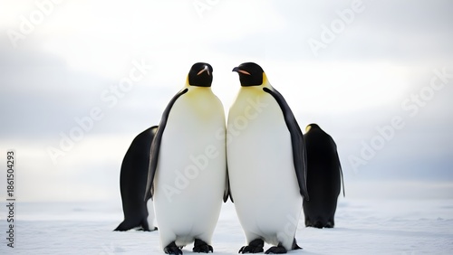 Two emperor penguins standing on ice