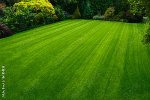 Manicured Green Lawn with Lush Garden Backdrop