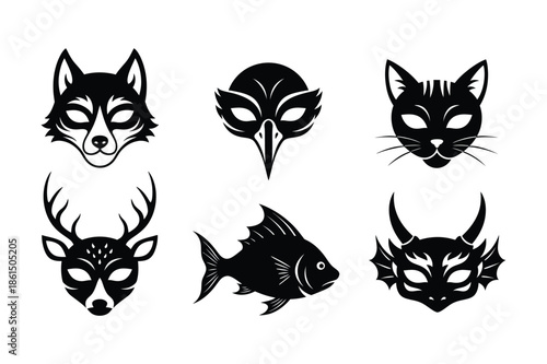 Animal Face Masks and Fish Silhouette Icon Set