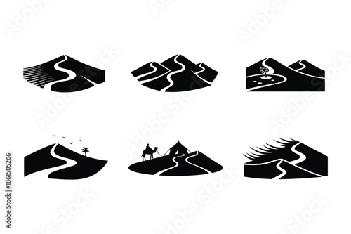 Desert Sand Dune Silhouette Icons with Camels and Oasis