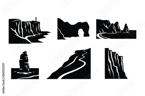Coastal Cliff and Rock Formation Landscape Silhouette Icons
