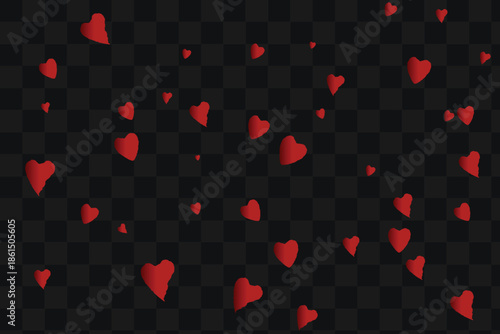 Romantic red hearts gently falling and scattered on a transparent background for design elements