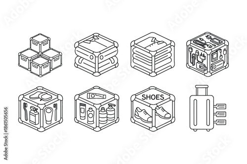 Isometric icons of travel packing cubes for luggage organization
