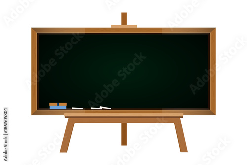 Blank blackboard board, wooden framed chalkboard stand illustration with chalk pieces and eraser for teacher lesson template and copy space