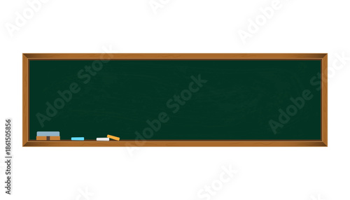 Classroom chalkboard background, wide green blackboard with wooden frame chalk and eraser isolated for school education lesson template and copy space