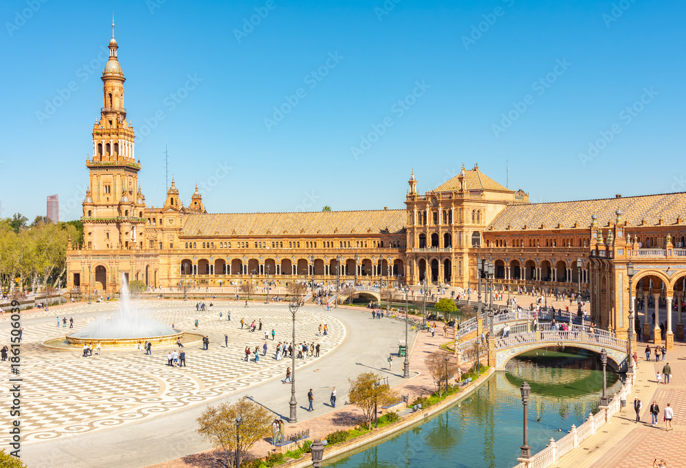 Fototapeta premium Panorama of Spain square in Maria Luisa park, Seville, Spain