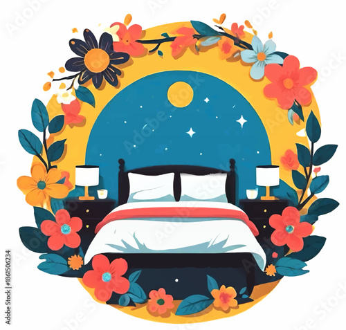 bedroom with night sky and flower wreath cartoon vector illustration